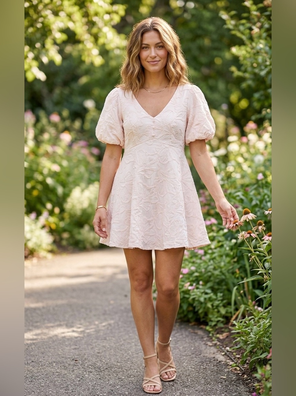 Seni & Cade Pastel Pink Floral Jacquard Puff Sleeve Mini Dress Size M
